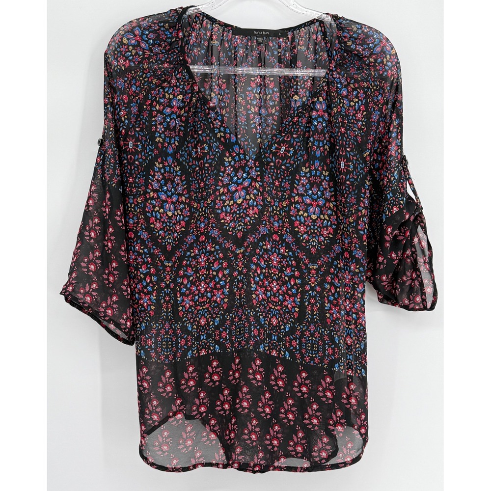 Fun 2 Fun Women Black Floral Paisley V-Neck Roll Tab 3/4 Sleeve Blouse Sz L